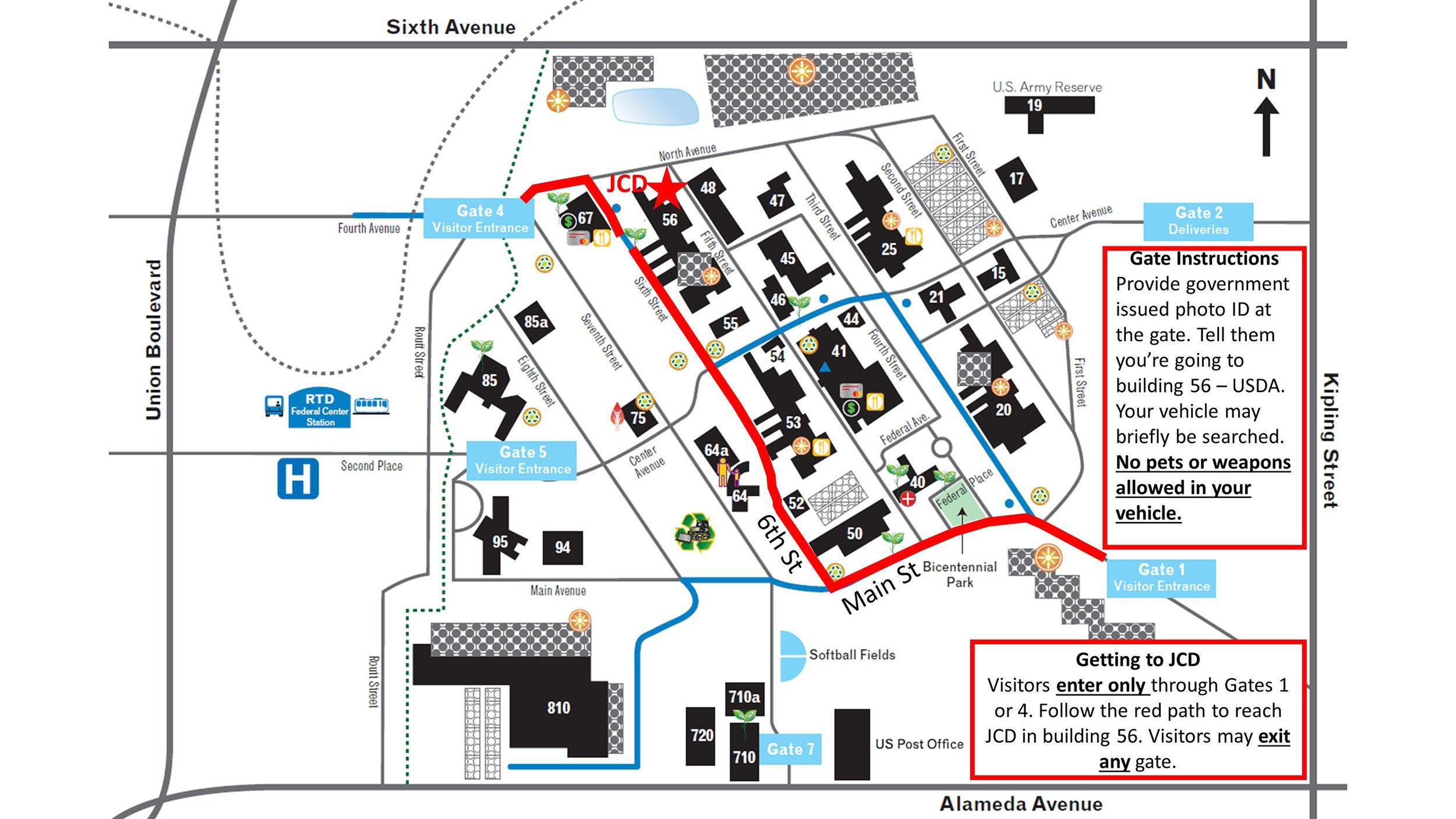 Map of entrances and gates to the Denver Federal Center and directions to where Jefferson Conservation District is located