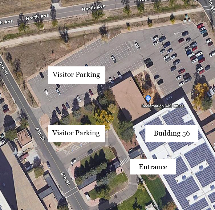 satellite image of denver federal center showing visitor parking and entrance of building 56 where the office of jefferson conservation district is located