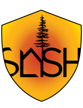 Slash program logo is a shield shape filled with an orange and yellow gradient with the word slash written in the middle and a tree rising up from the middle of the shield